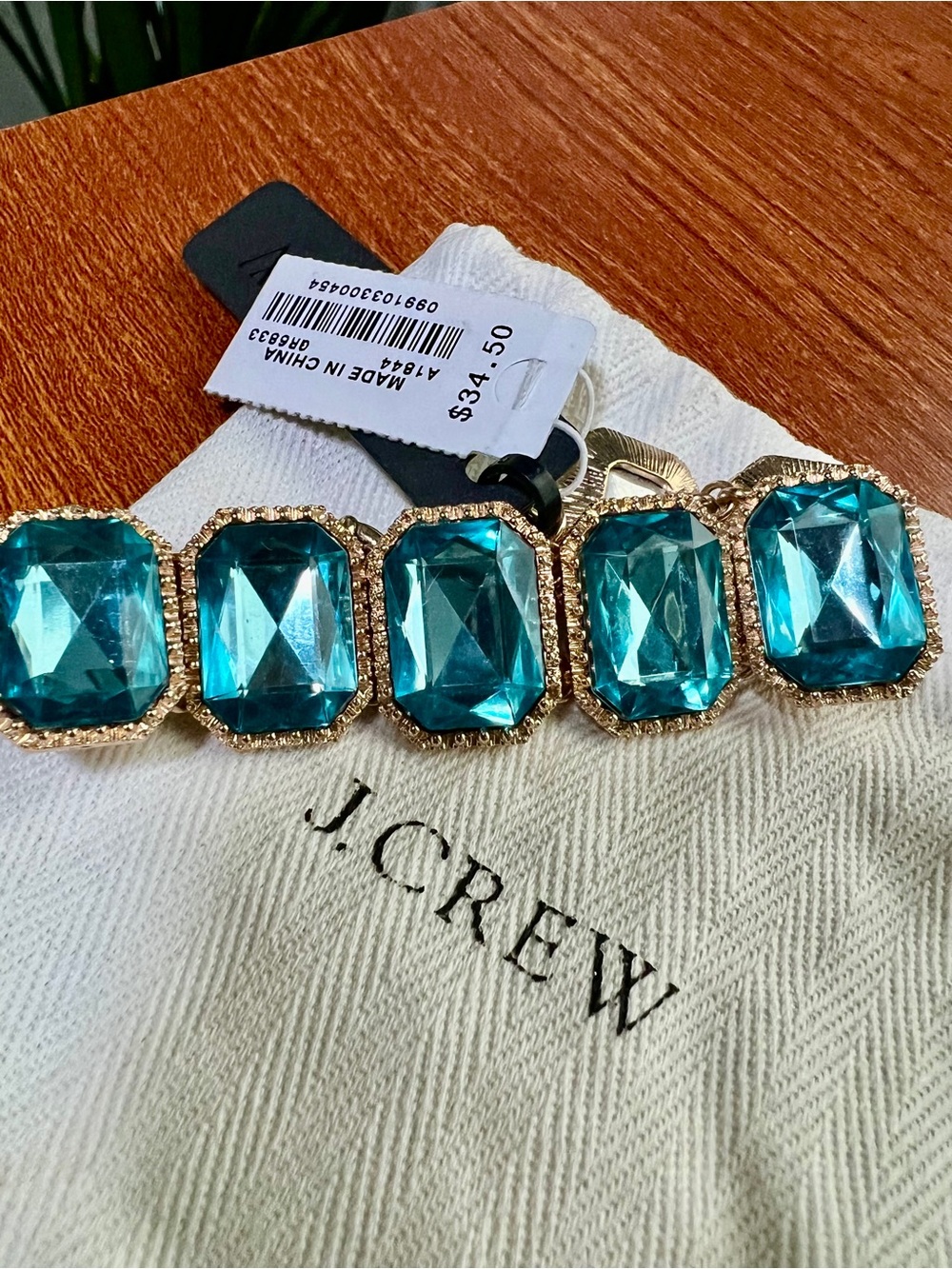 J. Crew Gold Bracelet with Glass Teal Stones
